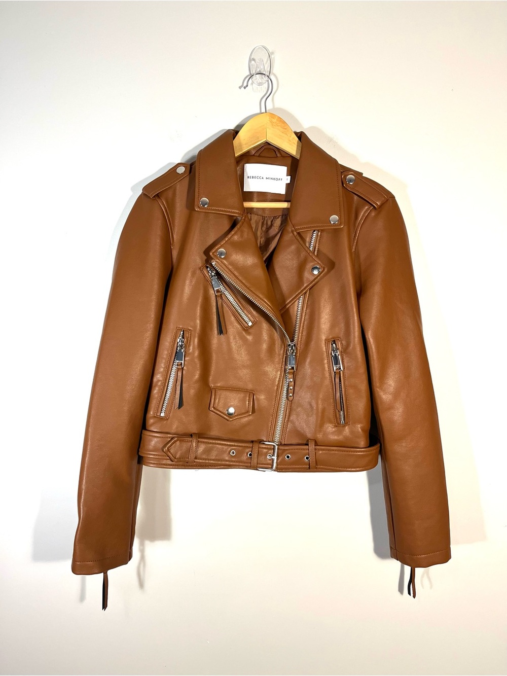 Rebecca Minkoff Women's Cognac Brown Vegan Leather Moto Jacket S - Picture 2 of 12